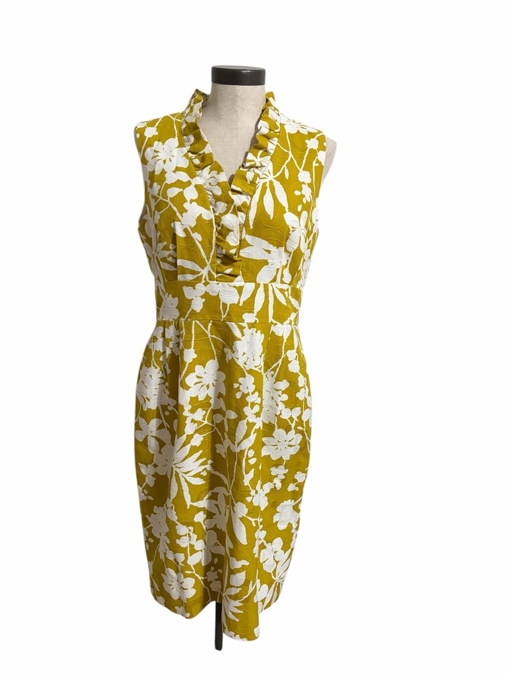 Jessica Howard Floral Mustard Yellow White Ruffle Sheath Sleeveless Dress SZ‎ 12